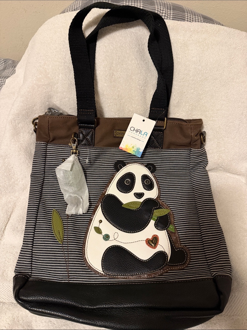 Chala Brown Black Striped Panda Appliqué Tote
